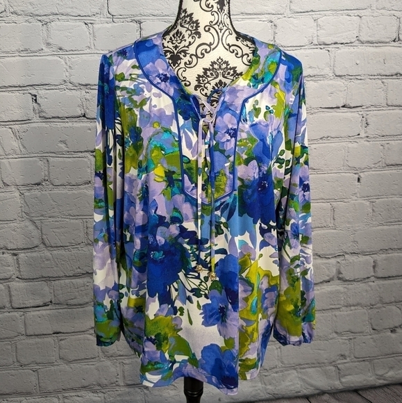 Susan Graver Women's Long Sleeve Stretch Knit Floral Print Sz L Top Tie Front B6 - Picture 1 of 12